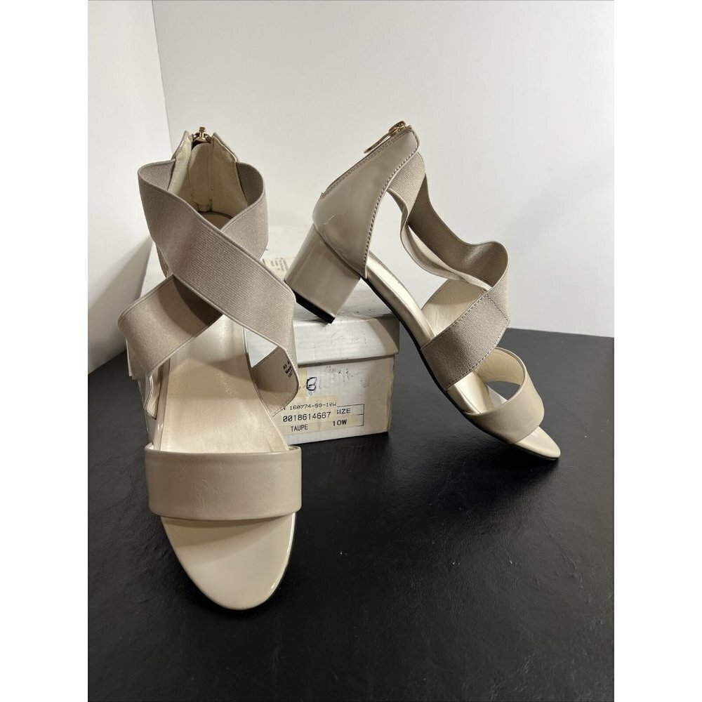 Angel Steps Taupe Beige Sandals Elastic Straps Block 2” Heel Size 10W